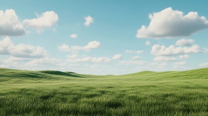 Obraz premium Rolling Green Landscape: A vast expanse of rolling green hills stretches towards the horizon, under a vibrant blue sky dotted with fluffy white clouds.