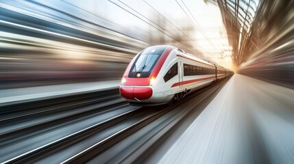 High-speed train moving through urban tunnel at sunrise. Use Stock photo for travel, transportation