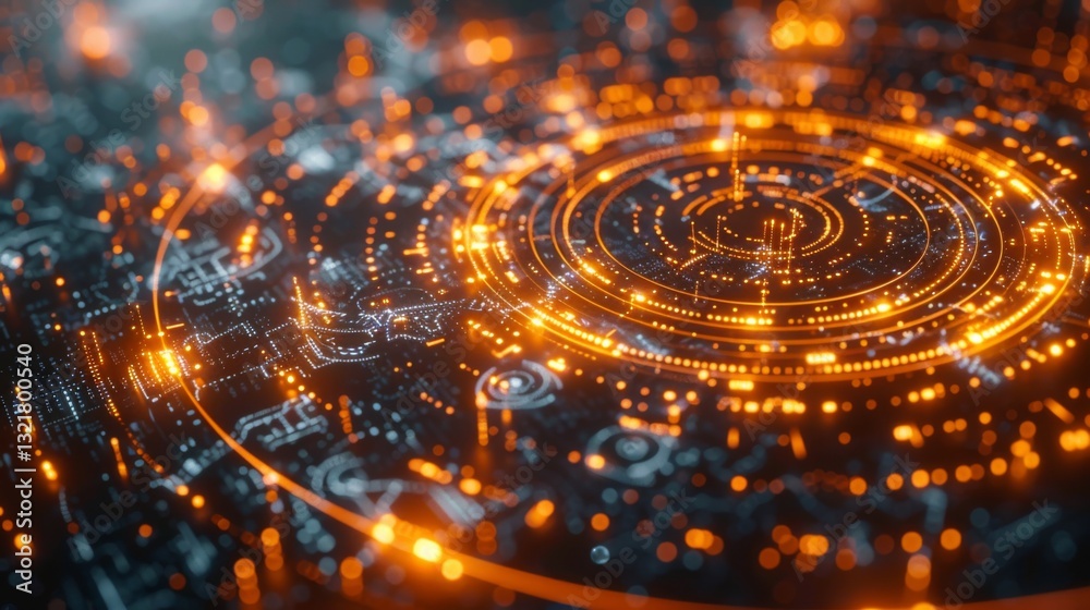 Fototapete a close up view of a digital circuit board illuminated with vibrant orange lights, revealing complex