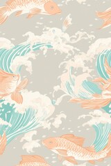 Fototapeta premium Koi carps swimming in a traditional japanese ukiyo e style ocean