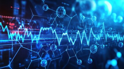 Fototapeta premium Abstract medical backdrop featuring blue waveforms with floating molecular structures and digital health data overlays