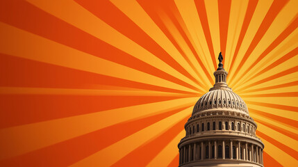 A patriotic, stylized rendering of the U.S. Capitol, with a dynamic sunburst effect in warm orange and yellow hues, symbolizing political legacy.