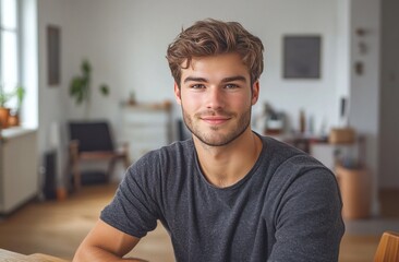 Obraz premium Portrait of a smiling young man sitting at a table in his apartment.