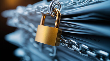 A close-up of classified documents wrapped in silver chains, with a golden padlock shining under focused lighting, representing data encryption and security measures.