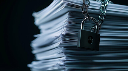 Stacks of important business files, locked with a black iron padlock and wrapped in interwoven metal chains, highlighting corporate document protection.