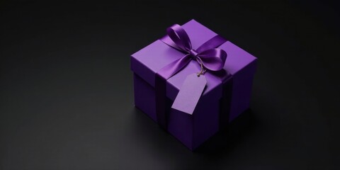 Obraz premium A luxuriously wrapped purple gift box with a satin ribbon and a blank tag rests elegantly on a dark surface, perfect for a special occasion or celebratory event.