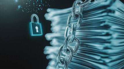 A bundle of white papers locked with overlapping chains, with a digital padlock floating above, blending physical and digital security elements.