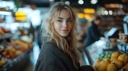 A cashier with curly brown hair smiles while ringing up items at the register in a grocery store.