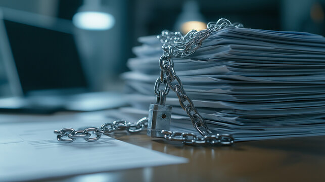 A corporate desk with a pile of restricted documents, locked with interlocked steel chains and a biometric security padlock, symbolizing high-tech data security.