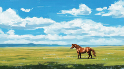 Horse standing on the grassland, beautiful horse in the rangeland, flat illustration, grassland animal, spring holiday travel concept, animal poster