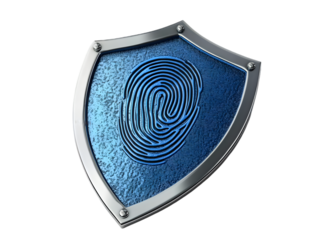A modern shield featuring a blue fingerprint design, symbolizing security, identity protection, and digital authentication.