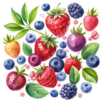 Watercolor Wild Berries Including Blueberries and Raspberries. Perfect for: Summer, Antioxidant Campaigns, Freshness