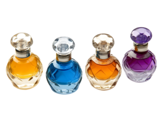 Four elegant glass bottles filled with colorful liquids, perfect for showcasing beverages or aromatics in a stylish setting.