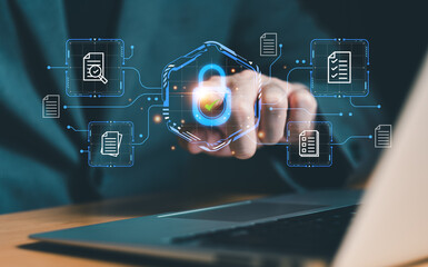 hand using laptop with secure online technology data policy . Customer data privacy concept that allow web browser to collect user data to resell or use for marketing purpose