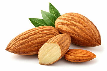 Close-up of whole and halved almonds, accompanied by fresh almond blossoms and leaves, set against a pure white background.