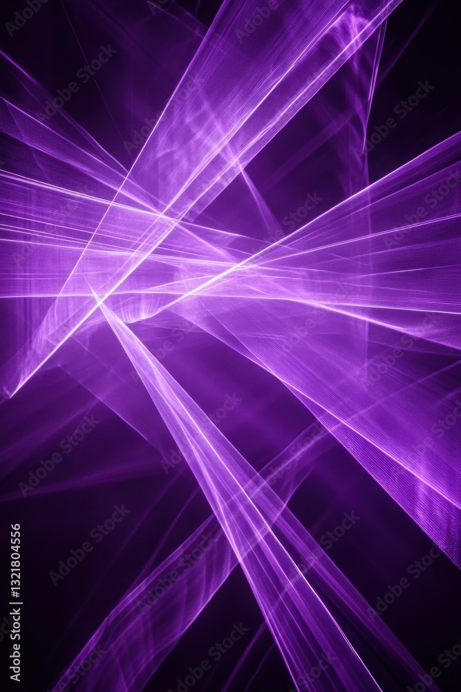 Wall mural purple rays of light crossing creating abstract shapes on black background