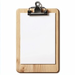 Realistic wooden clipboard with blank white paper, light brown wood, black/silver clip, isolated on white