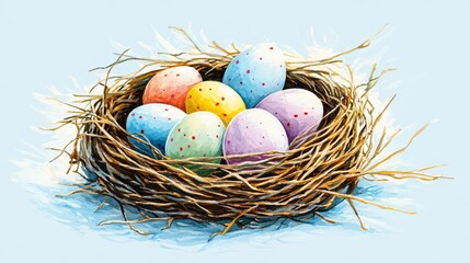 Fototapeta premium Professional Easter Nest with Colorful Eggs on Light Blue Background Image for Seasonal Marketing