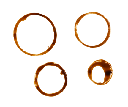 Set of coffee round spots isolated on white, clipping path, PNG