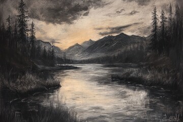 Mountain lake sunset landscape, tranquil scene, nature background, serene artwork