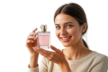 Elegant perfume bottle luxury fragrance beauty product charming woman smiling holding pink scent stylish glass container cosmetic aroma fashion trendy scent marketing