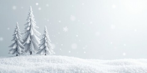 Obraz premium Serene Winter Wonderland Three snow-covered evergreen trees stand majestically on a pristine, snow-dusted landscape, under a softly falling snow.
