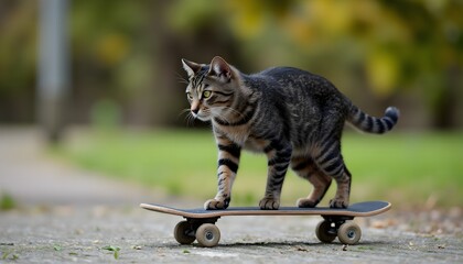 Obraz premium Very realistic image of a gray tabby domestic cat riding a skateboard against the backdrop of a green summer park