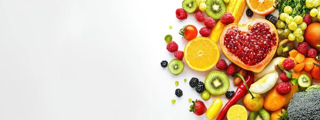 Naklejka premium Fruits and vegetables concept, Fruits and vegetables in heart shape on white background.