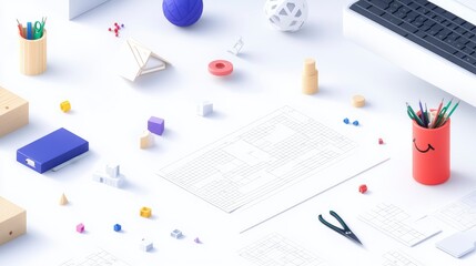Flatlay of various office supplies, stationery, and geometric shapes on a white surface.