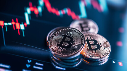 Stacks of shiny Bitcoin and Ethereum coins resting on a futuristic financial dashboard, with a rapidly changing candlestick chart behind them, representing crypto investment risks.