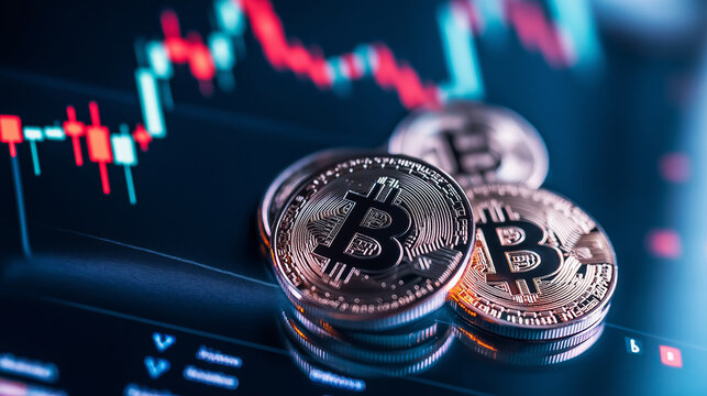 Stacks of shiny Bitcoin and Ethereum coins resting on a futuristic financial dashboard, with a rapidly changing candlestick chart behind them, representing crypto investment risks. - Powered by Adobe