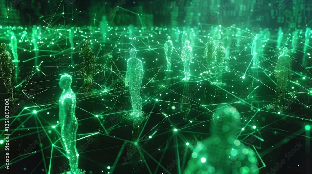 Poster a field of green holographic figures stands among a web of glowing connections, suggesting interacti