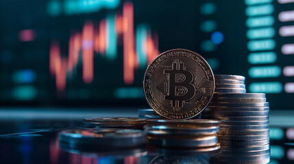 A stack of Bitcoin, Ethereum, and other digital currency coins standing tall, while a glowing market graph shows sudden crashes and spikes behind them, emphasizing market volatilit