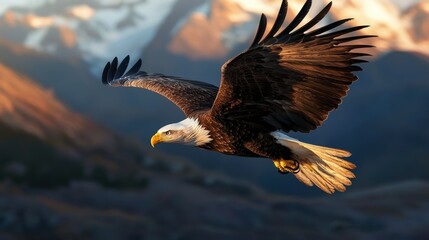 Obraz premium A large eagle is flying over a mountain range