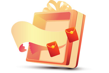 vector open giftbox . Realistic gift box, with the red satin bow, isolated on background. Cube shape present box, tied with yellow wrapping ribbon, standing on a surface in a front view.