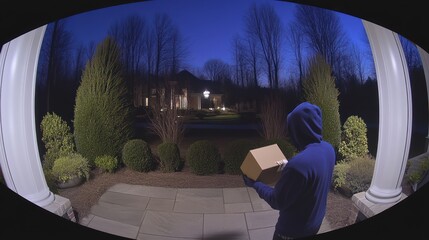 Package theft at night, security camera view, suburban home