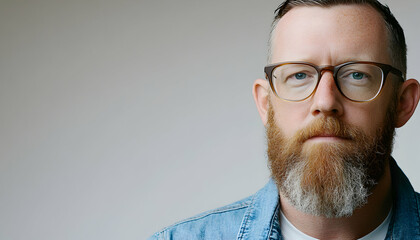 Fototapeta premium Close-up portrait of a man with a beard and glasses, serious expression, against a neutral background. Ideal for business, corporate, or professional profiles.