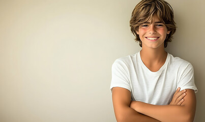 Obraz premium Happy preteen boy with arms crossed, smiling broadly against a neutral background. Perfect for advertising, websites, or print.