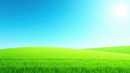 Obraz premium Serene Meadow Landscape Vibrant Green Grass Under a Clear Blue Sky with Gentle Rolling Hills and Bright Sunlight