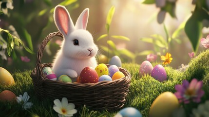 Easter bunny basket eggs spring flowers garden