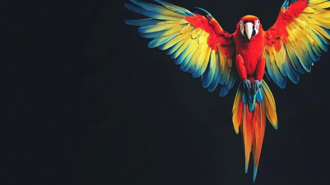 A vibrant colorful parrot with widespread wings is shown