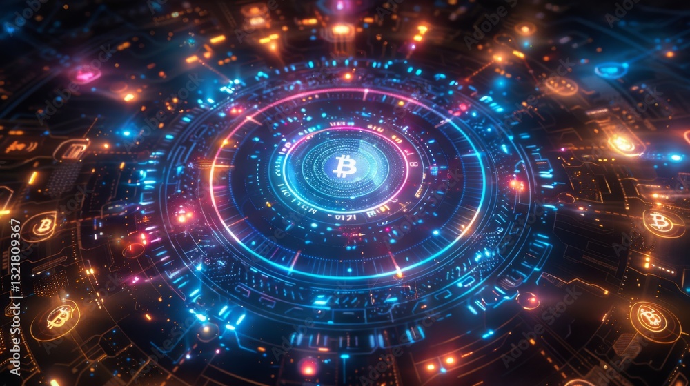 Leinwandbilder A detailed digital network highlights the bitcoin emblem at its center, surrounded by glowing lights and intricate circuits, creating a futuristic atmosphere full of energy and activity.