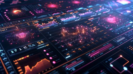 A vibrant data analytics dashboard displays various colorful graphs, charts, and metrics illuminated by neon lights, creating an engaging atmosphere for analysis at night.