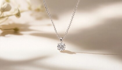 Fototapeta premium Elegant silver necklace with sparkling diamond pendant on soft background