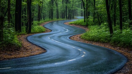 Fototapeta premium Winding Road Through Lush Green Forest After Rain Adventure Drive