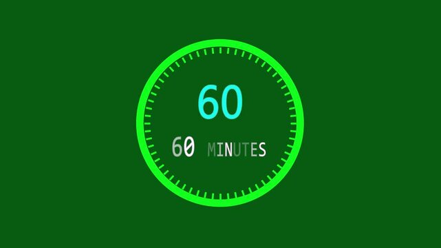 Timer icon with 60 minutes stylish stopwatch countdown timer. 60 to 0 seconds animation on Deep Green background.