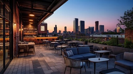 Rooftop Bar Lounge with City Skyline View at Dusk