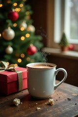 Warm beverage in a mug near a wrapped gift and a decorated tree