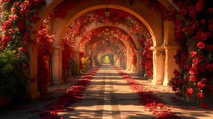 Red Roses Archway Path Romantic Garden