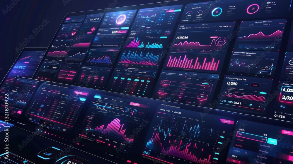 Aufkleber Multiple digital displays highlight financial data, trends, and metrics at a tech workspace, illuminated by vibrant colors in a contemporary setting at night.